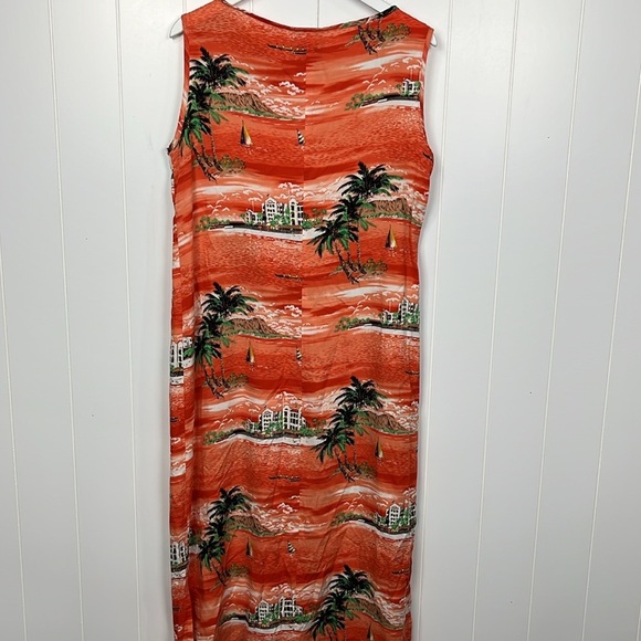 Dressing Clio Womens Maxi Dress L Orange Green Sleeveless Pullover Palm Tree EUC - Picture 9 of 12